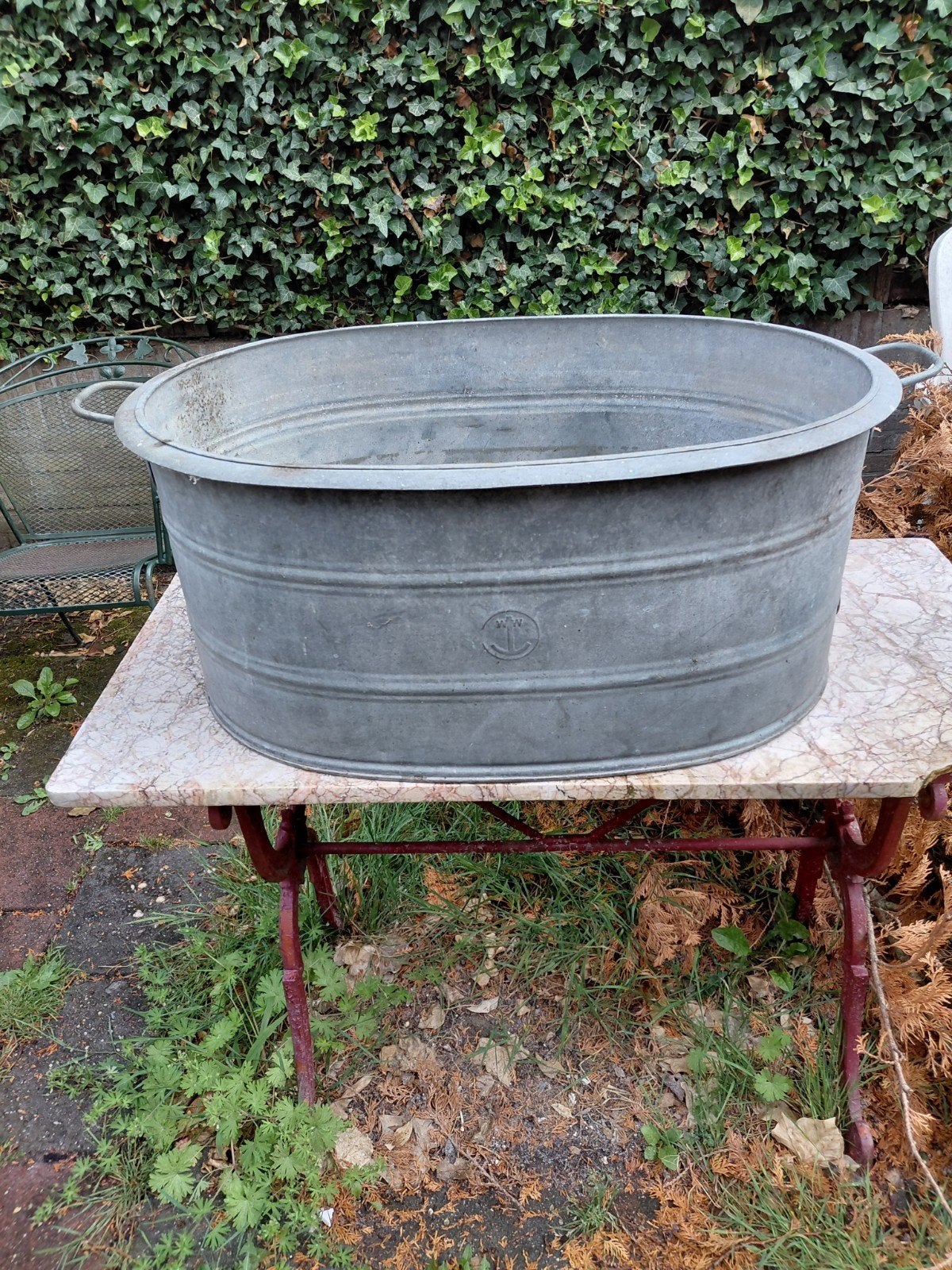 Vintage Zinken Wastobbe met Handvatten en Afvoer, Ophalen of Verzenden