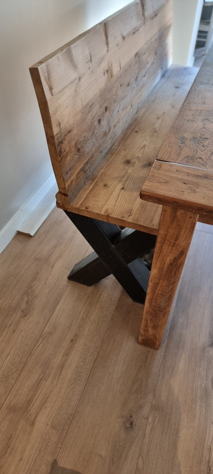 Robuuste eettafel met bank en stoelen - Teakhout, Huis en Inrichting, Ophalen, Gebruikt, 50 tot 100 cm, Vijf personen of meer