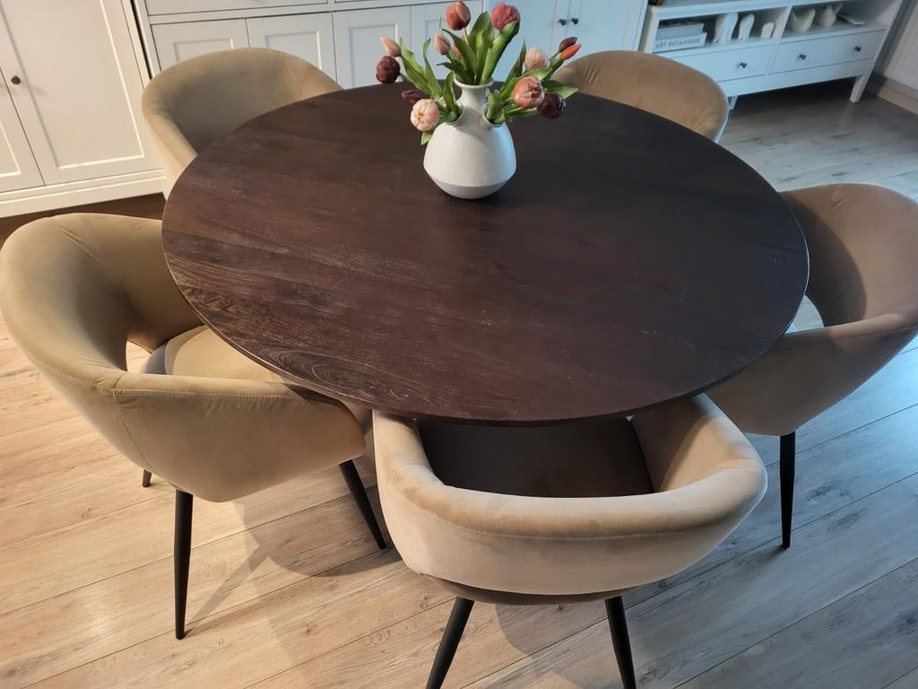 Kwantum Antony caramel beige 5 eetkamer stoelen, Ophalen, Bruin, Zo goed als nieuw, Stof