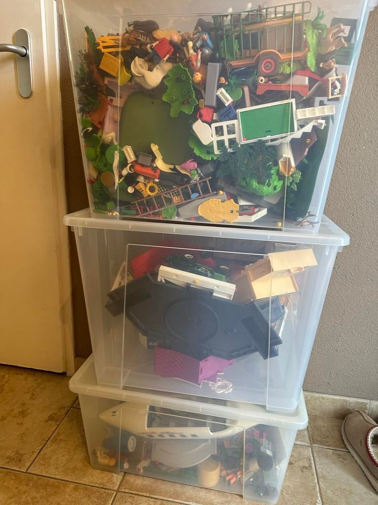 3 x Grote bak met Playmobil, veel voertuigen en dieren, Ophalen, Gebruikt, Los playmobil