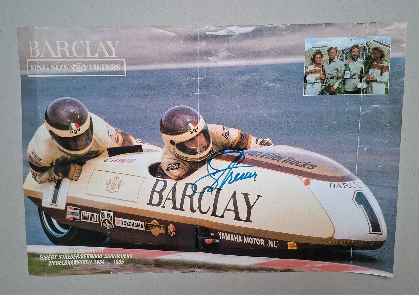 Poster Yamaha Barclay zijspan met handtekening Streuer 1985, Ophalen of Verzenden, Gebruikt, Motoren