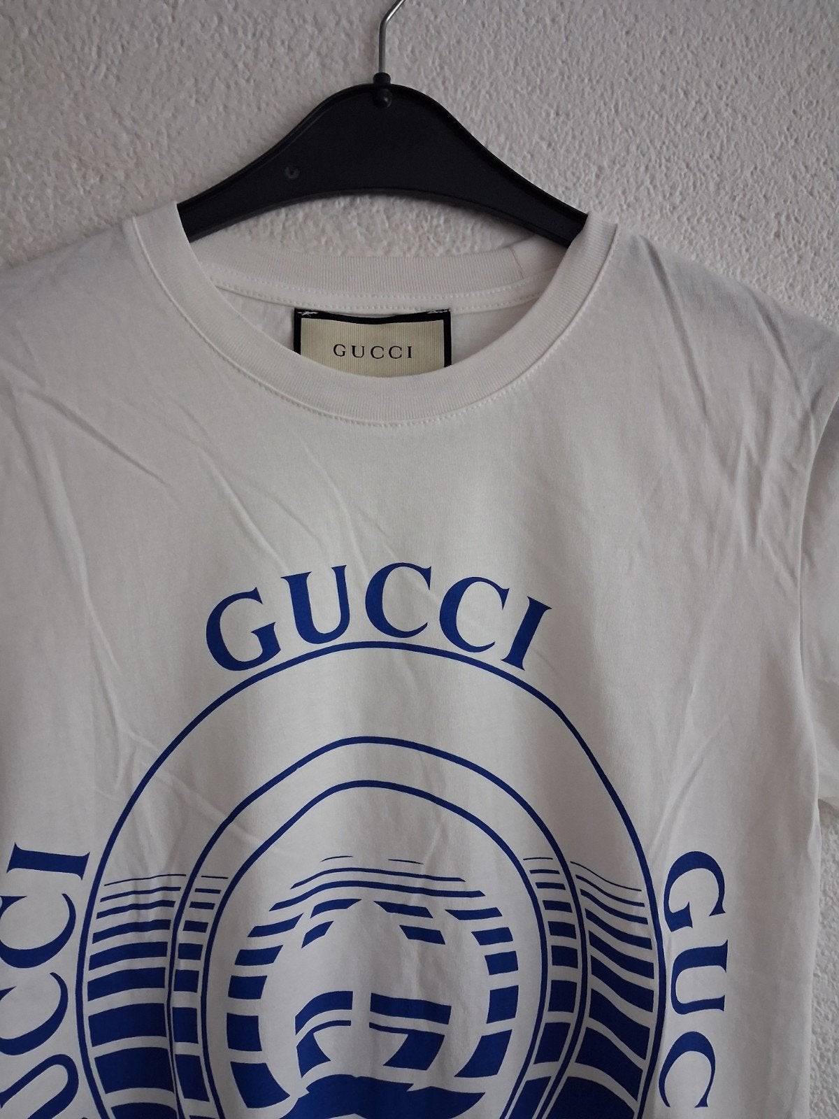 Gucci T-shirt met logo - Wit/Blauw Maat  M, Ophalen of Verzenden, Zo goed als nieuw, Wit