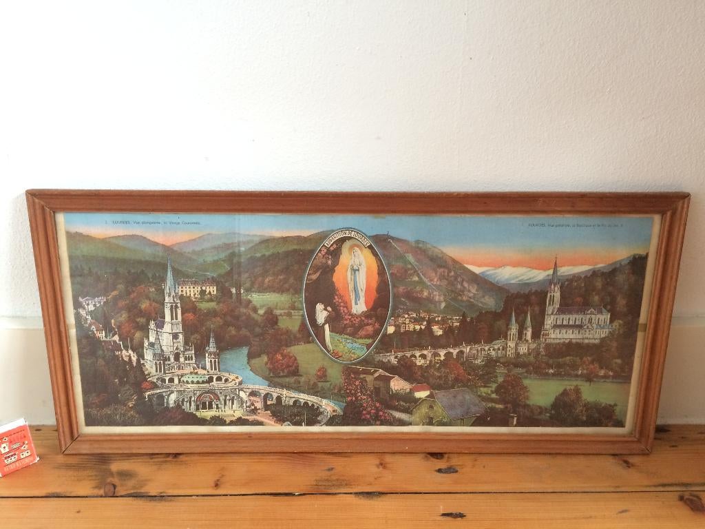 Lourdes ingekleurde foto ingelijst schilderij Maria jaren 60, Ophalen of Verzenden, Zo goed als nieuw, Schilderij, Minder dan 50 cm