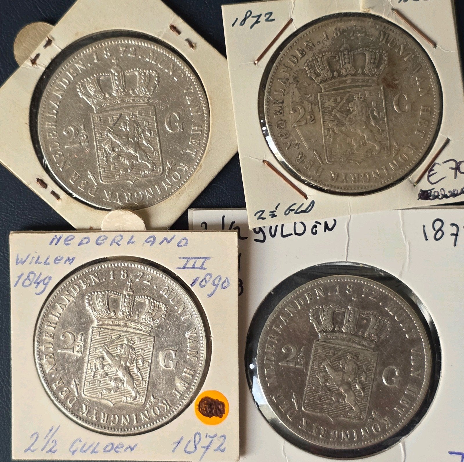 4x 1872 Rijksdaalder Nederland, Koning Willem III, Zilver, 2½ gulden, Verzenden