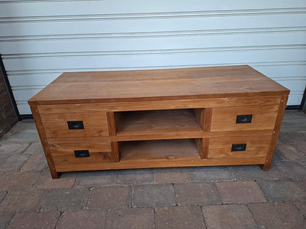 Mooi teak houten tv meubel / kast met lades, Ophalen, Gebruikt, 100 tot 150 cm, Teakhout