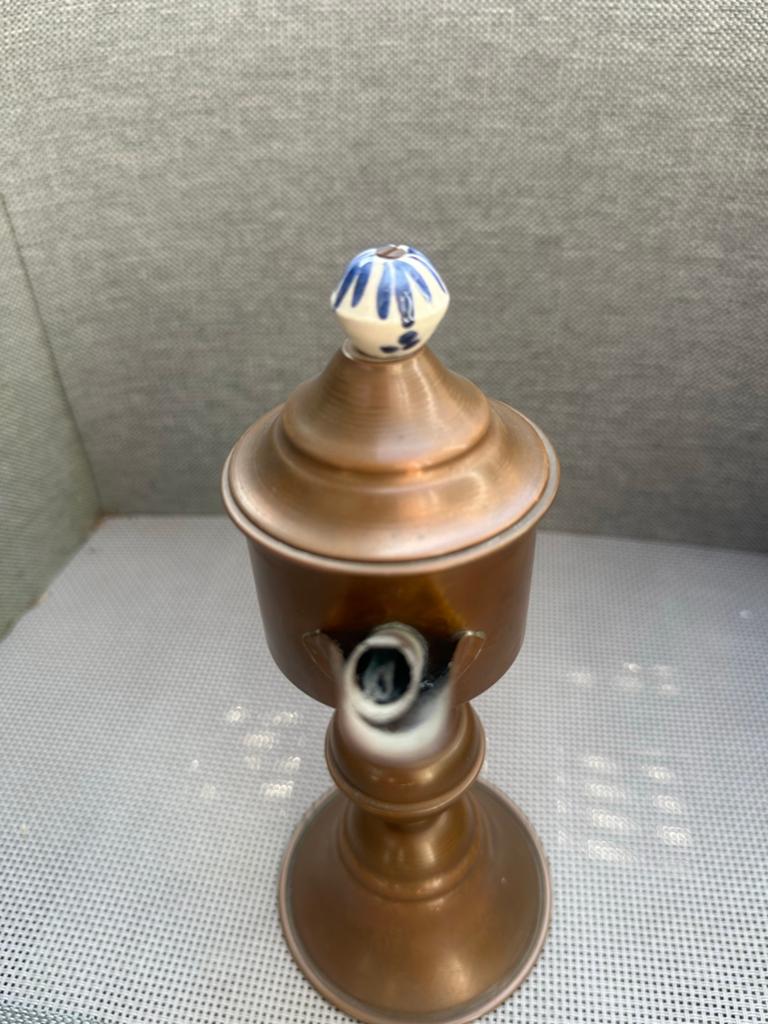 Antieke Koperen Olielamp met Porseleinen Knop, snotneus, Antiek en Kunst, Antiek | Koper en Brons, Ophalen of Verzenden, Koper