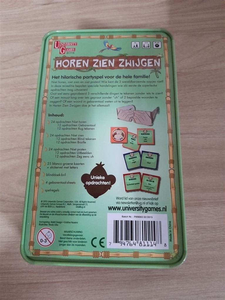 horen zien zwijgen in blik - s4773, Hobby en Vrije tijd, Gezelschapsspellen | Bordspellen, Verzenden, Zo goed als nieuw