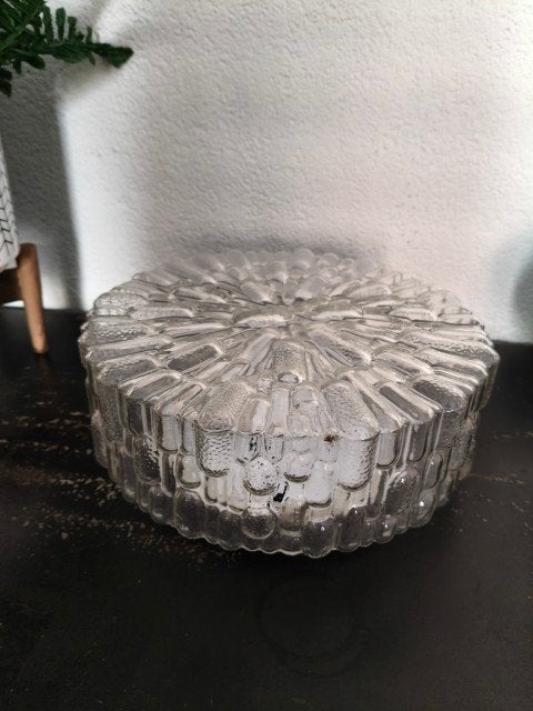 Vintage plafondlamp glas 25 cm, Gebruikt, 25 cm, Glas, E27 (groot)