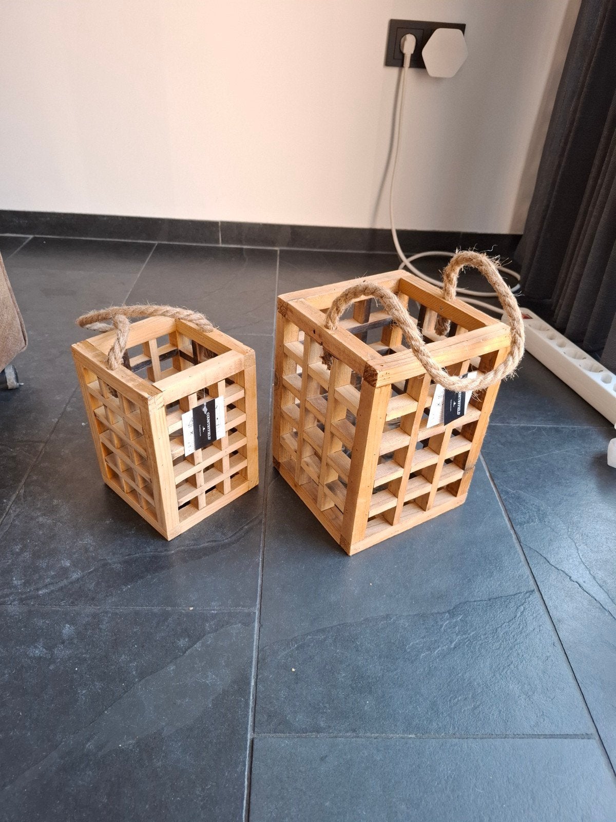Set van 2 houten windlichten met touw handvat, Windlicht, Gebruikt, Bruin, Overige merken