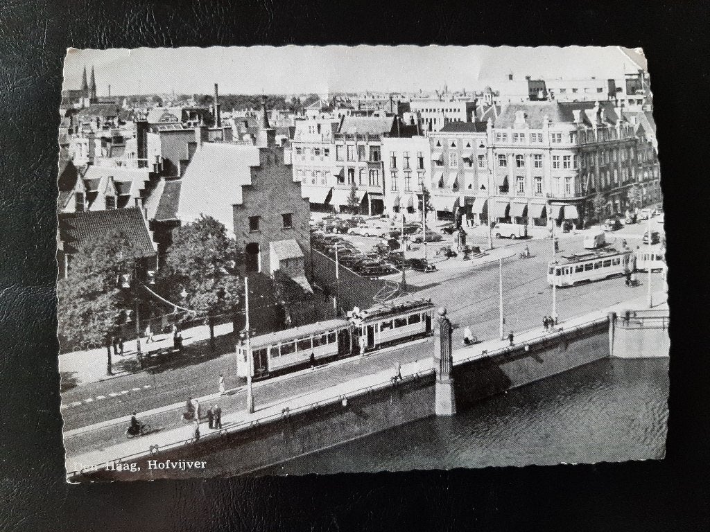 de Hofvijver, Den Haag, Trams, trapgevel huisje, 1955 gelope, Verzenden, 1940 tot 1960, Gelopen, Zuid-Holland
