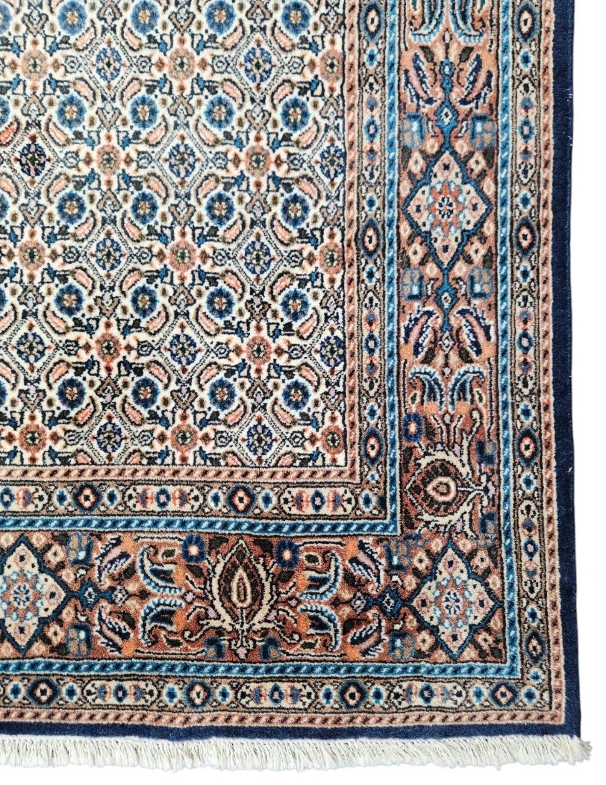 Handmade Persian wol Moud floral blue faded 197x253cm, Gebruikt, Moud, 150 tot 200 cm, 200 cm of meer
