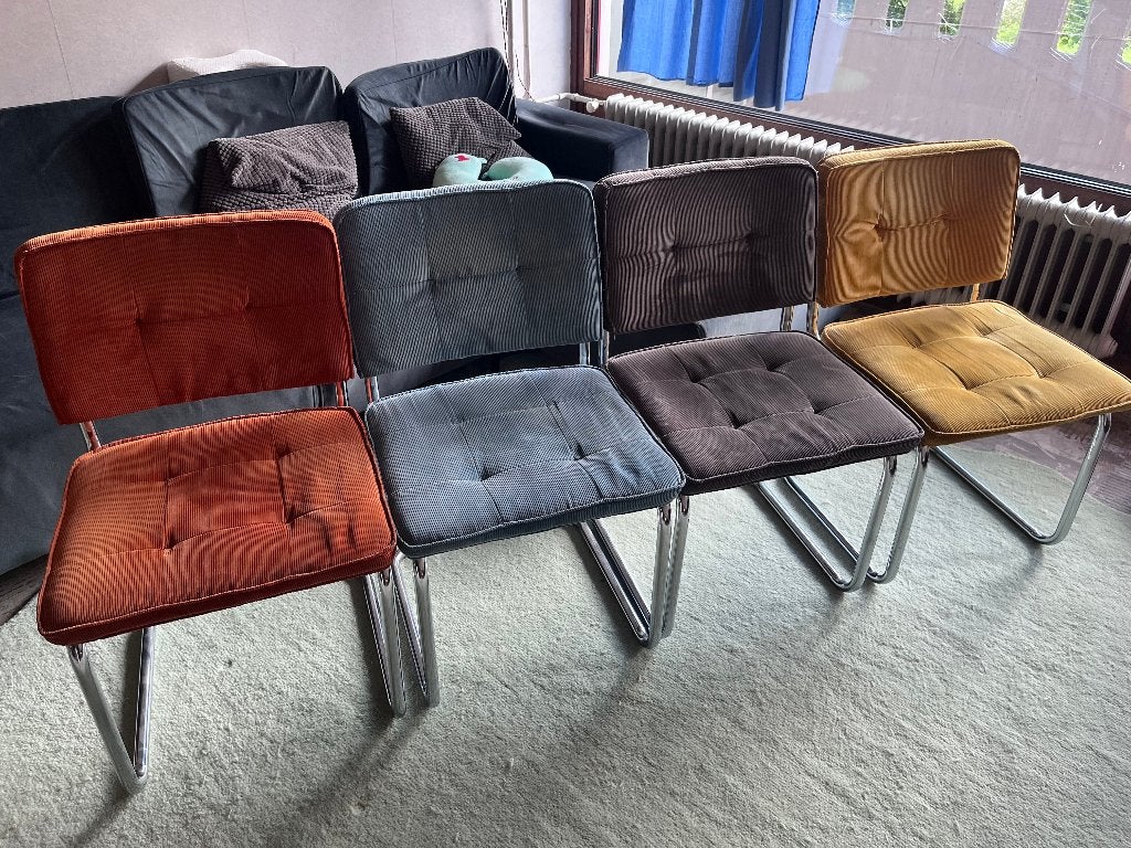 Set van 4 Retro Ribstof Eetkamerstoelen, Huis en Inrichting, Ophalen, Metaal, Gebruikt, Overige kleuren
