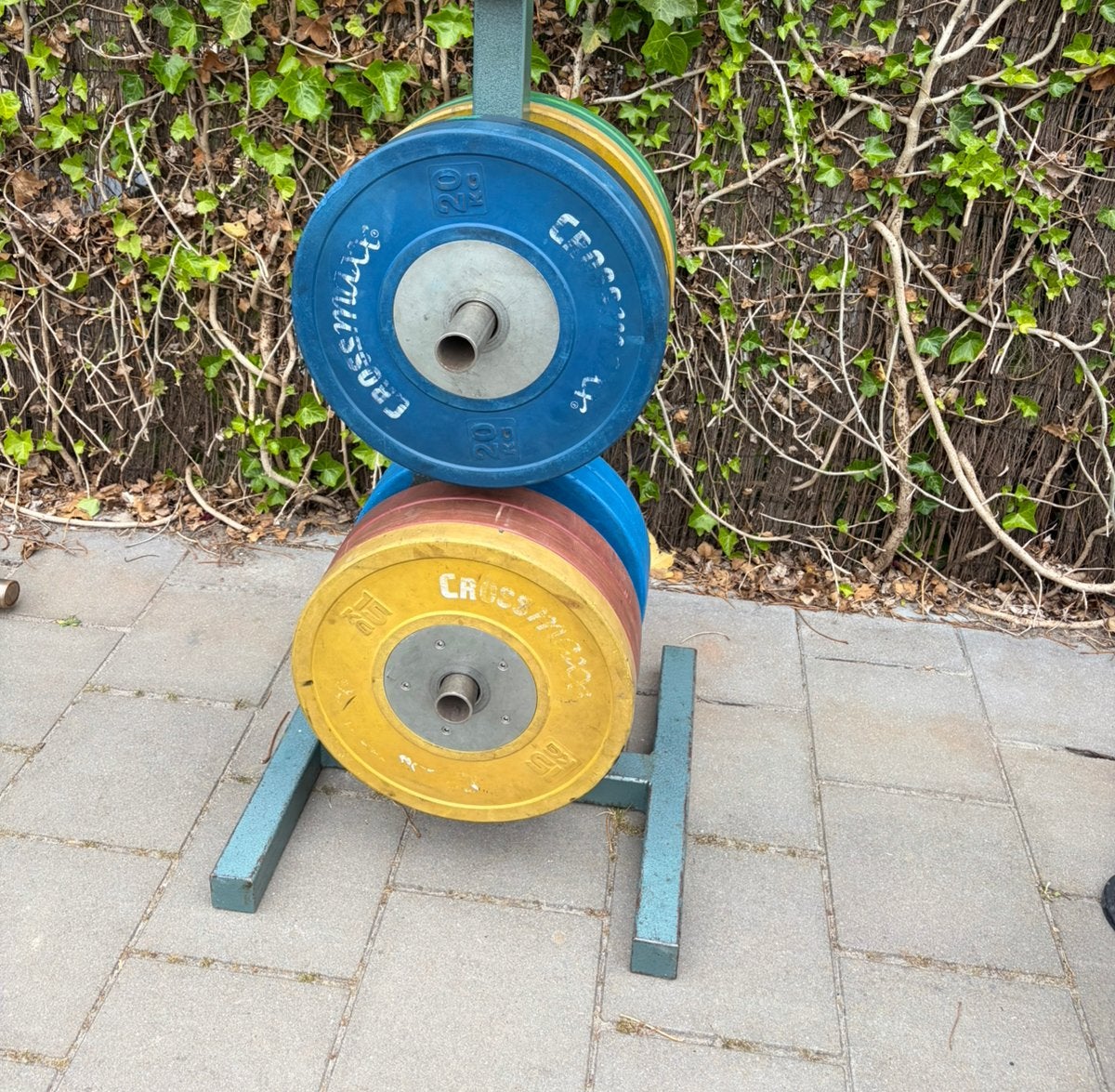 Crossmax bumper plates 120 kilo met rek, Ophalen, Gebruikt, Crosstrainer