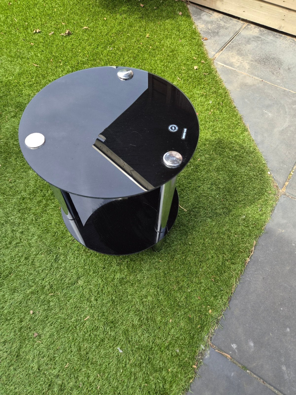 Zwart glazen bijzettafel met metalen poten, Minder dan 55 cm, Gebruikt, Rond, Glas