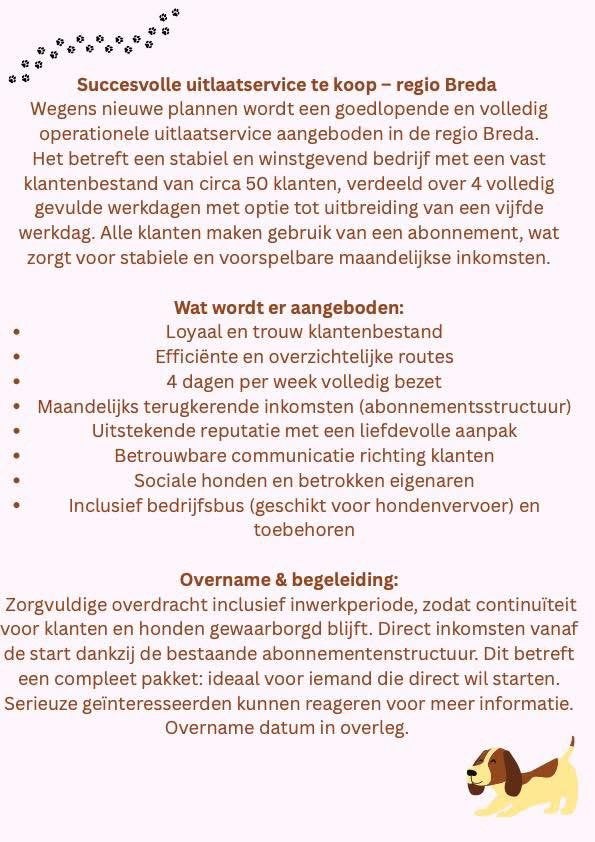 Hondenuitlaatservice ter overname. Regio Breda, Zakelijke goederen, Exploitaties en Overnames