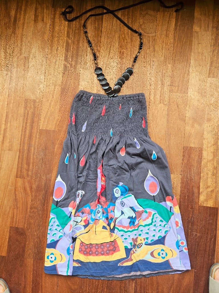zomer smock jurk met sierlijke neckholder, Maat 38/40 (M), Ophalen of Verzenden, Zo goed als nieuw, Grijs