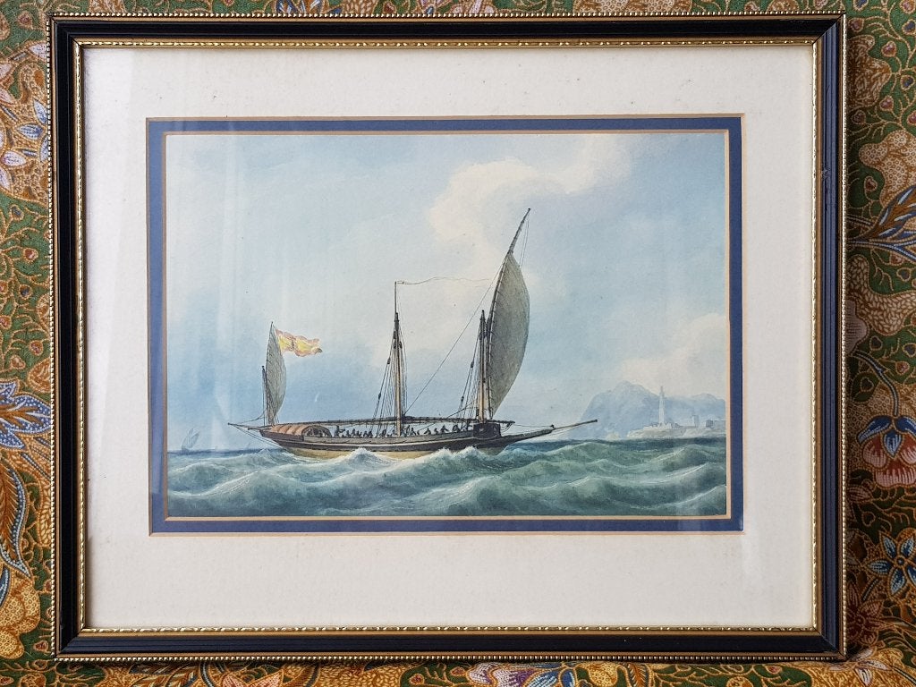 Mooie antieke ingelijste Engelse prent van historisch schip., Ingelijst, Ophalen of Verzenden, Landschappen