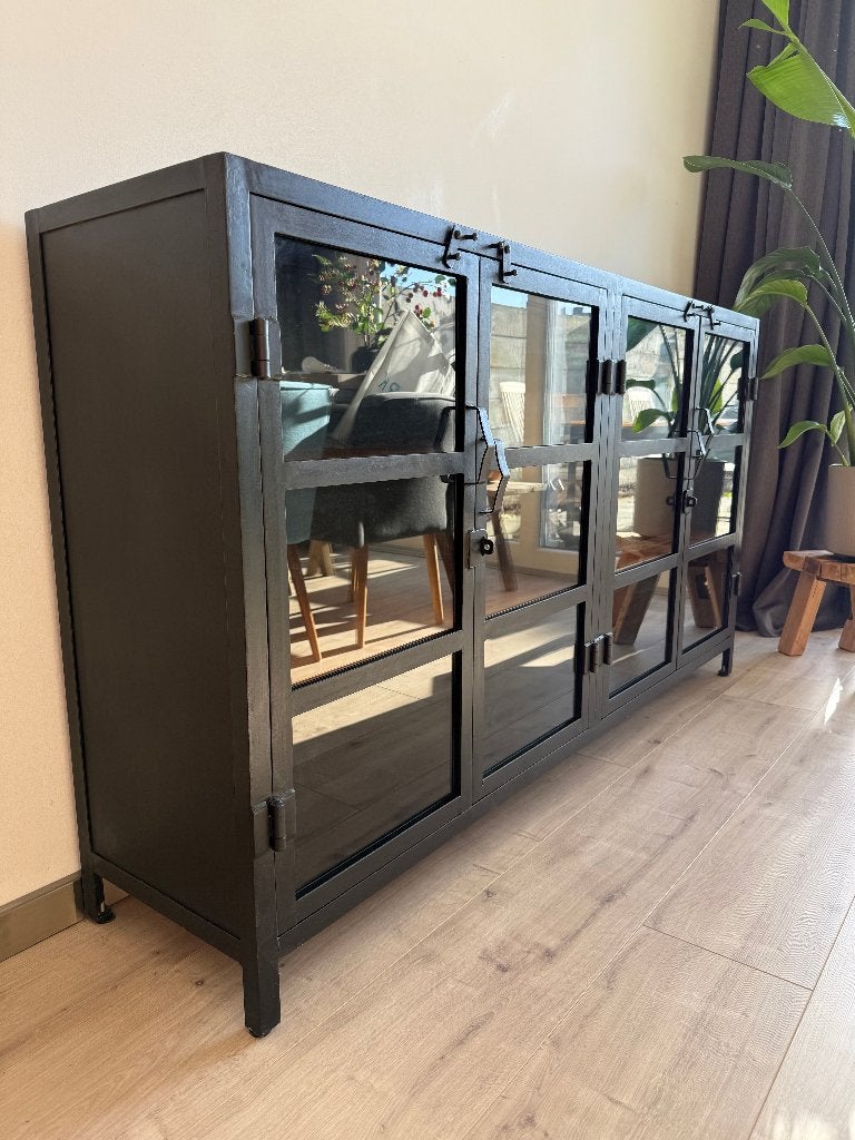 Industrieel dressoir zwart metaal & mango hout 180 cm, Ophalen, 150 tot 200 cm, Zo goed als nieuw, Industrieel