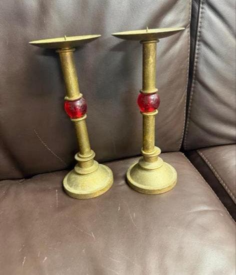 Vintage Koperen Kandelaars met Rode Glazen Bol (Set van 2), Ophalen of Verzenden, Koper of Brons