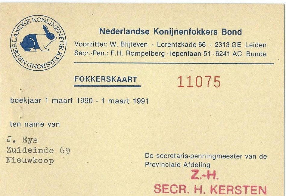 Fokkerskaart Nederlandse Konijnenfokkers Bond 1990-1991, Ophalen of Verzenden, Gebruikt