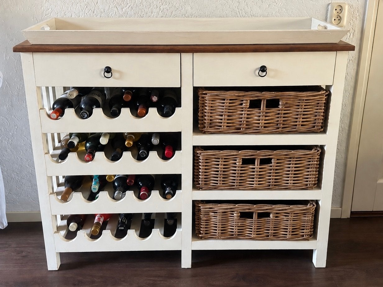 Wijnrek met lades en rieten manden - 115x90 cm, Ophalen, Gebruikt, 15 tot 25 flessen, 75 – 100