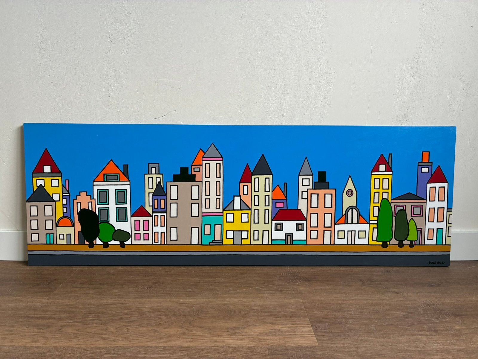 Schilderij gekleurde huizen, Ophalen of Verzenden, Zo goed als nieuw, Minder dan 50 cm, Schilderij