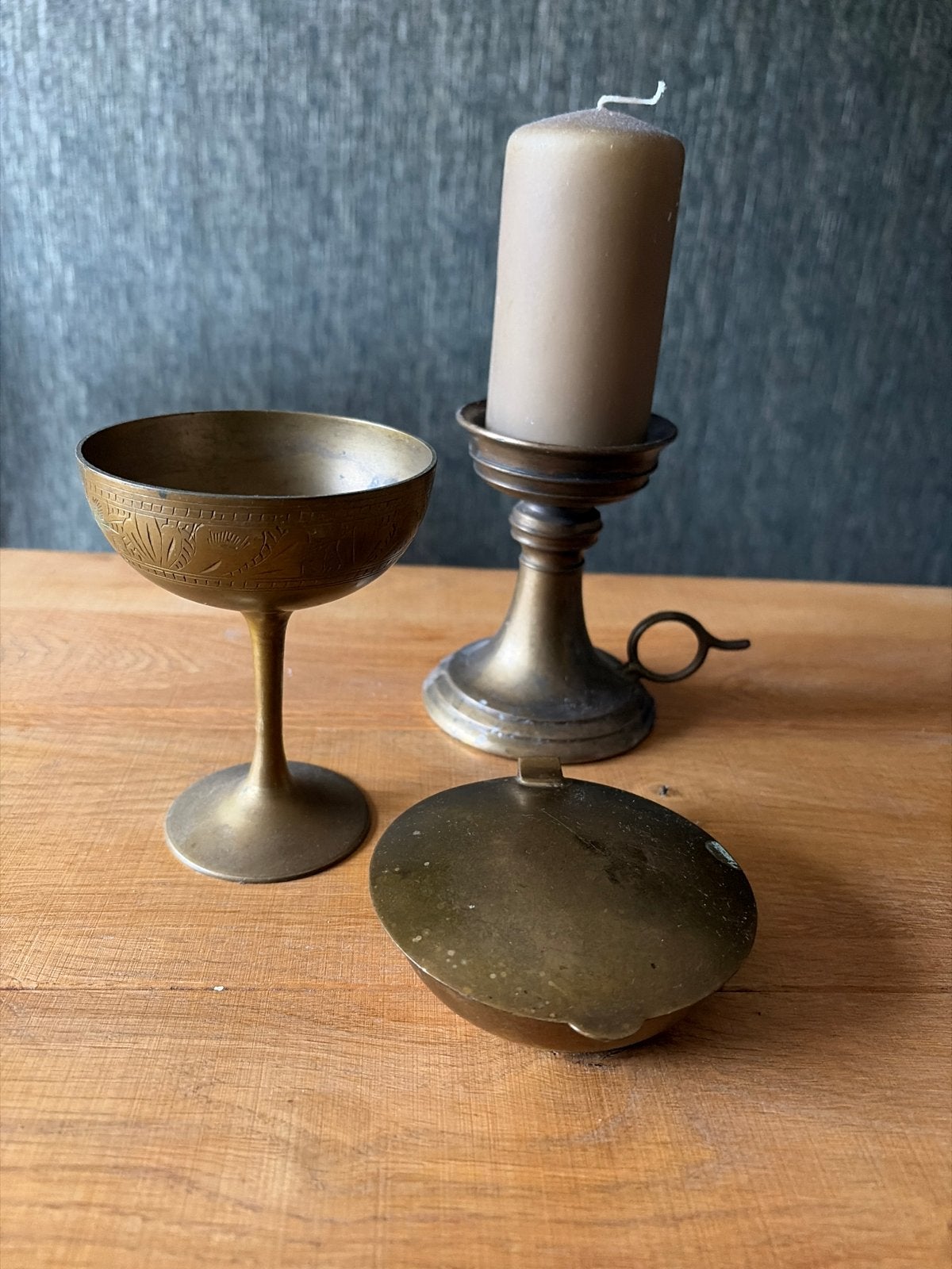 Vintage Koperen Kandelaar, Beker & Theelichthouder Set, Antiek en Kunst, Ophalen of Verzenden, Koper of Brons