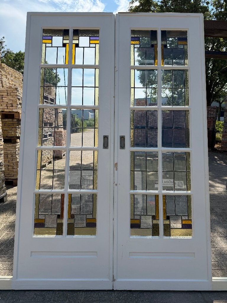 Set schuif / en-suite deuren met glas in lood 216x145cm., Antiek en Kunst, Curiosa en Brocante, Ophalen