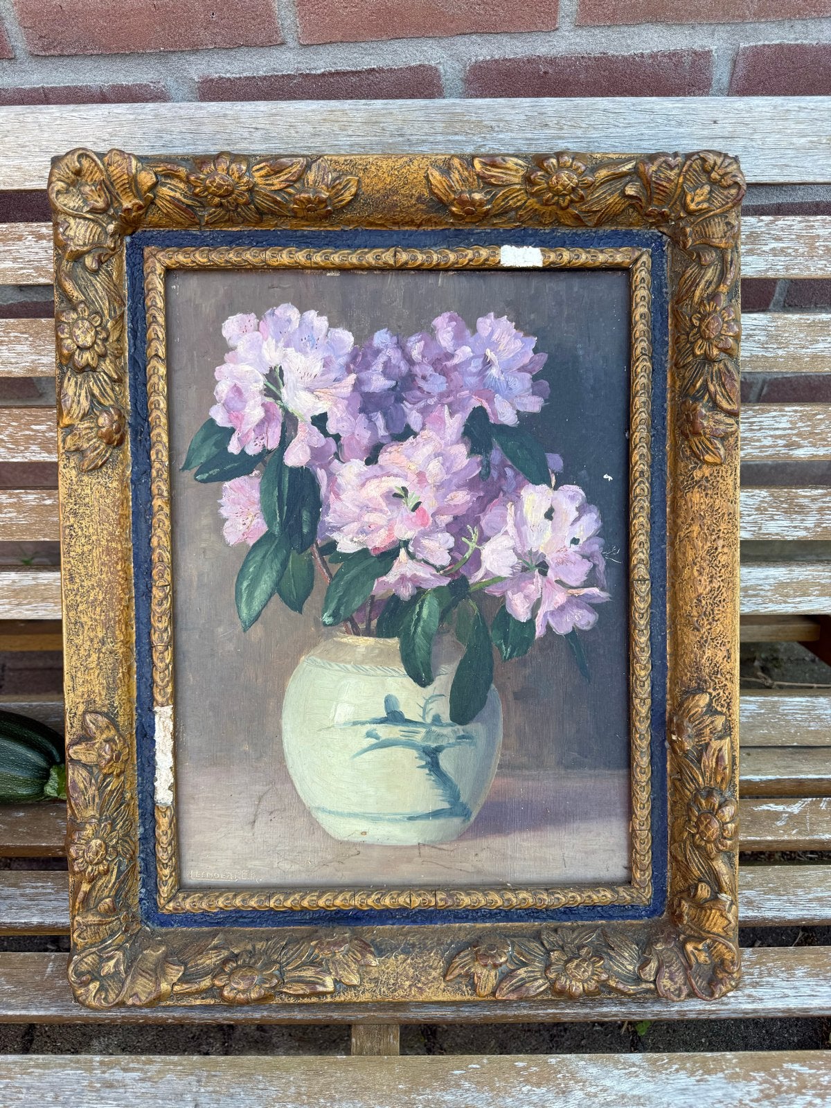 Antiek schilderij Bloemen in Vaas - Gesigneerd Leendert EK., Bloemen, Doek, Ophalen of Verzenden, Gesigneerd