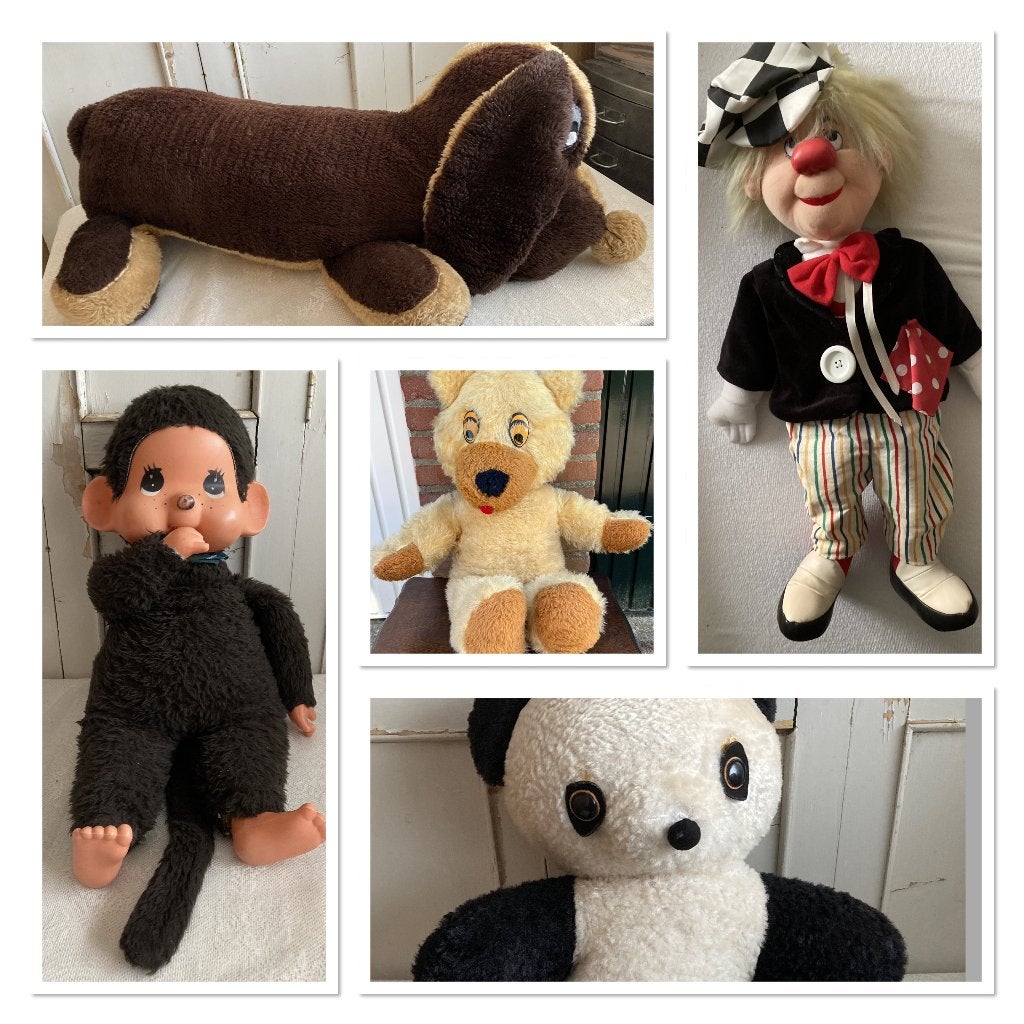 Vintage / knuffels / hond - clown - beer - aap - panda, Kinderen en Baby's, Speelgoed | Knuffels en Pluche, Ophalen of Verzenden