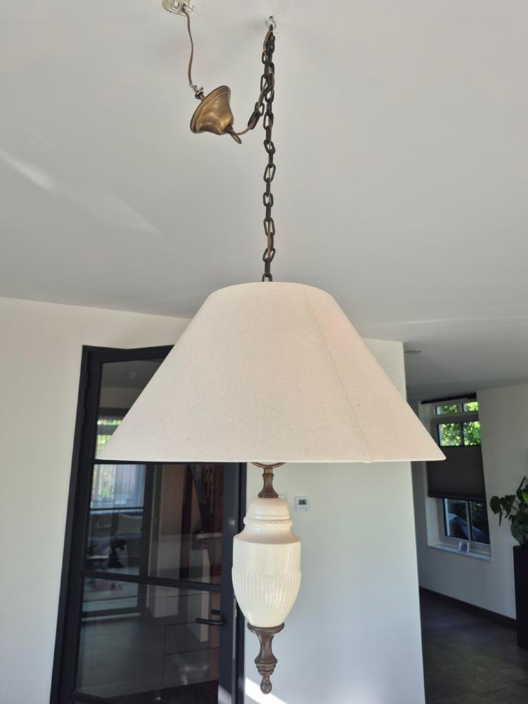 Wedgewood hanglamp met stoffen kap en keramische details, Ophalen, Gebruikt, Overige materialen, Klassiek, Landelijk, Tijdloos