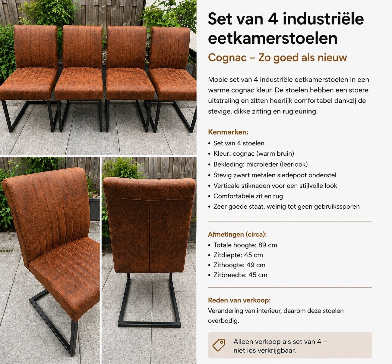 Set van 4 industriële eetkamerstoelen Cognac. Stoel 4x, Huis en Inrichting, Stoelen, Ophalen, Bruin, Overige materialen, Zo goed als nieuw