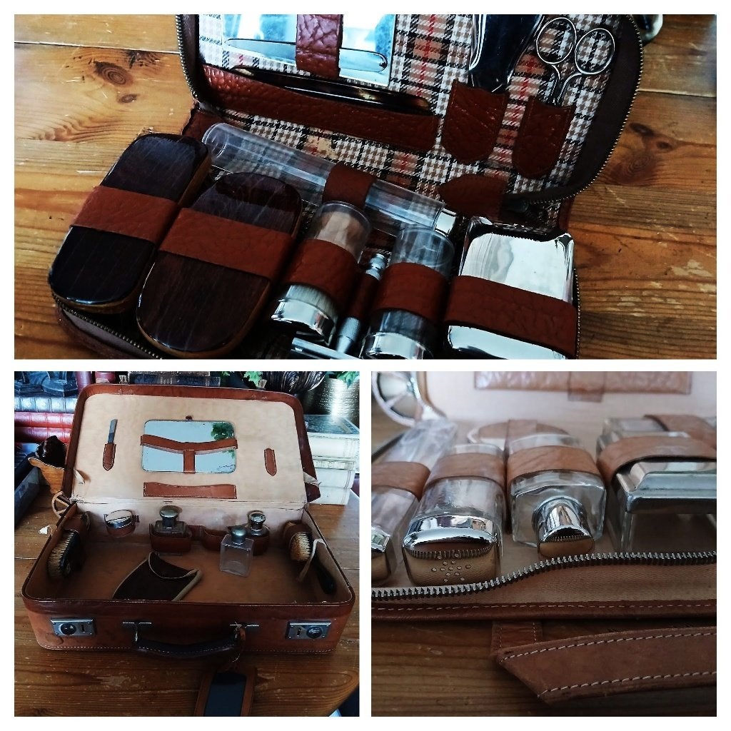 Vintage scheerset barberset reis toiletset leer koffer etui, Antiek en Kunst, Curiosa en Brocante, Ophalen of Verzenden