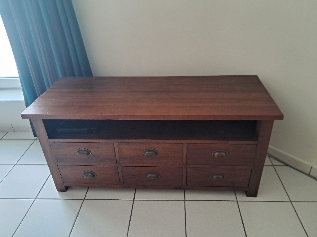 Tv kast teak donkerbruin, Ophalen, Gebruikt, 100 tot 150 cm, Teakhout