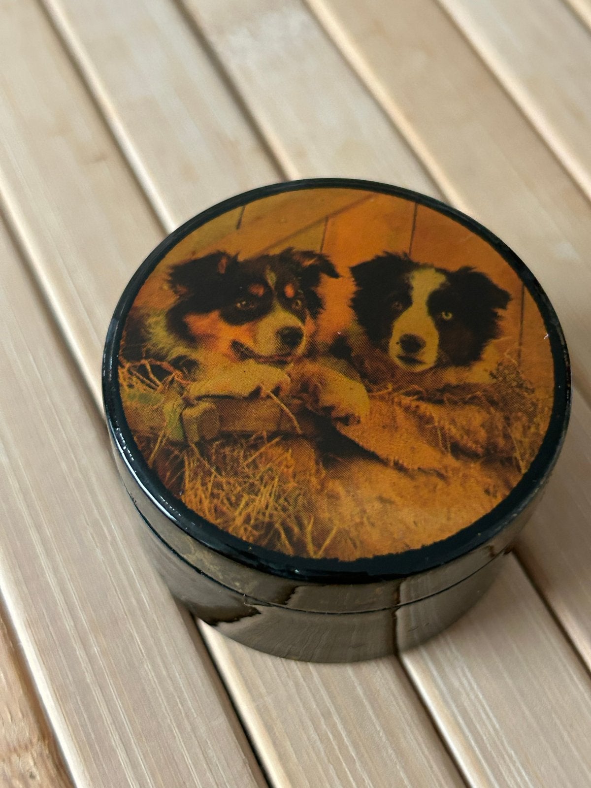 Vintage sieradendoosje met hondenprint, Ophalen of Verzenden, Vintage, Hout, Gebruikt