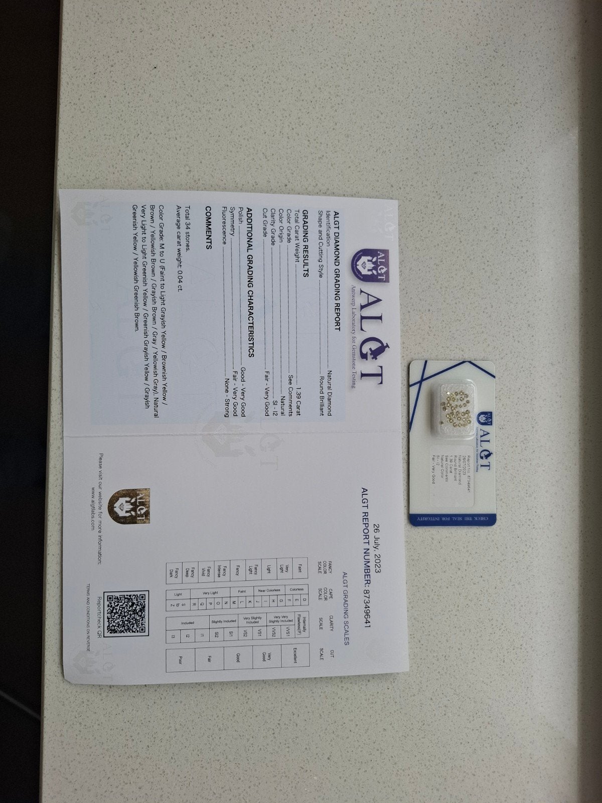 Natuurlijke diamanten, 1.39ct, ALGT certificaat, Ophalen of Verzenden, Nieuw