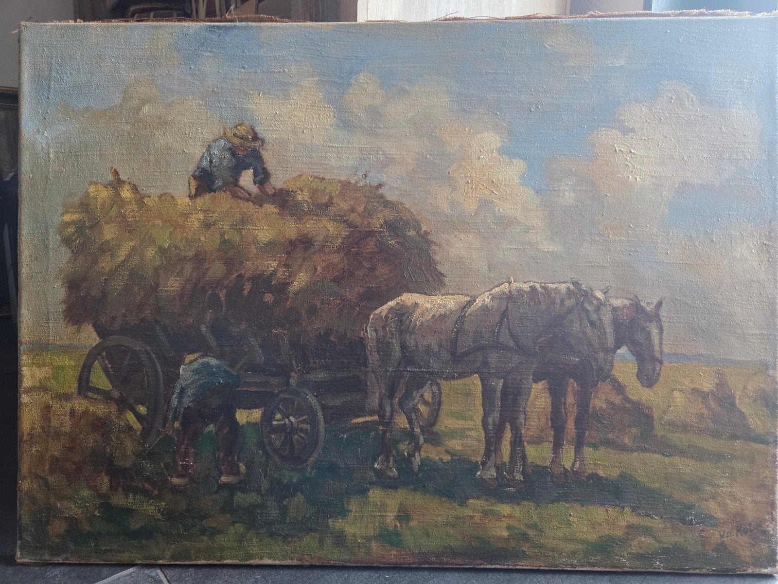 Oud Hollands schilderij: Hooiwagen met paarden, Gesigneerd, Doek, Oud hollands, Ophalen of Verzenden