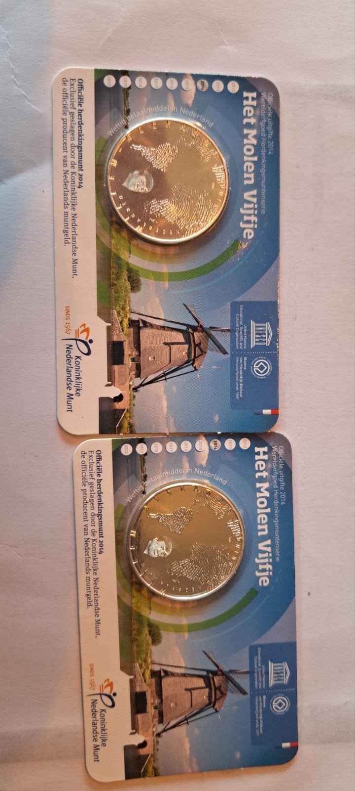 2x Zwaar Verzilverde Herdenkingsmunt 'Het Molen Vijfje', Postzegels en Munten, Munten | Nederland, Ophalen of Verzenden, Koningin Beatrix