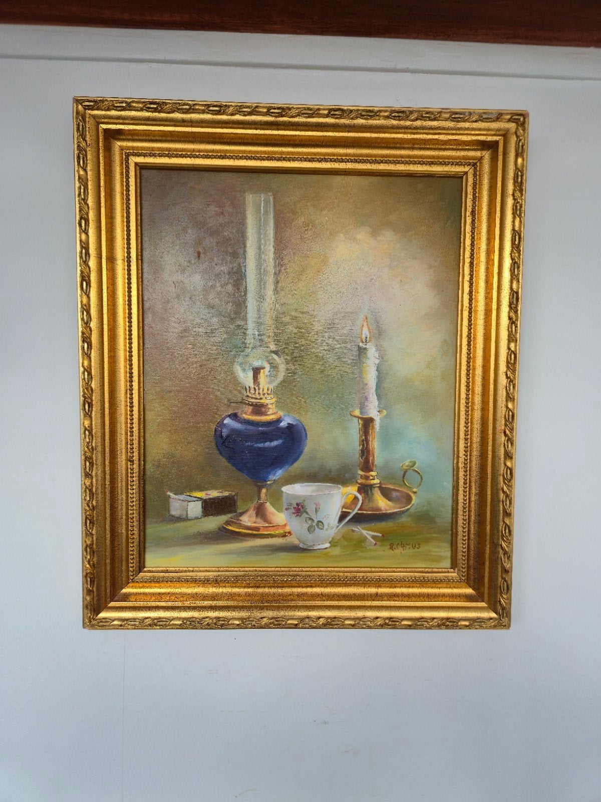Olieverfschilderij Stilleven met olielamp en kaars, Antiek en Kunst, Ophalen of Verzenden