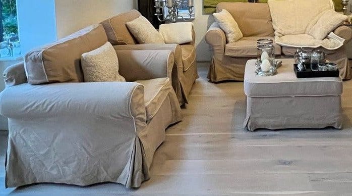 IKEA EKTORP 2-zitbank, 2 feauteuils & zitpoef - Stof - Beige, Ophalen, 150 tot 200 cm, 75 tot 100 cm, Rechte bank