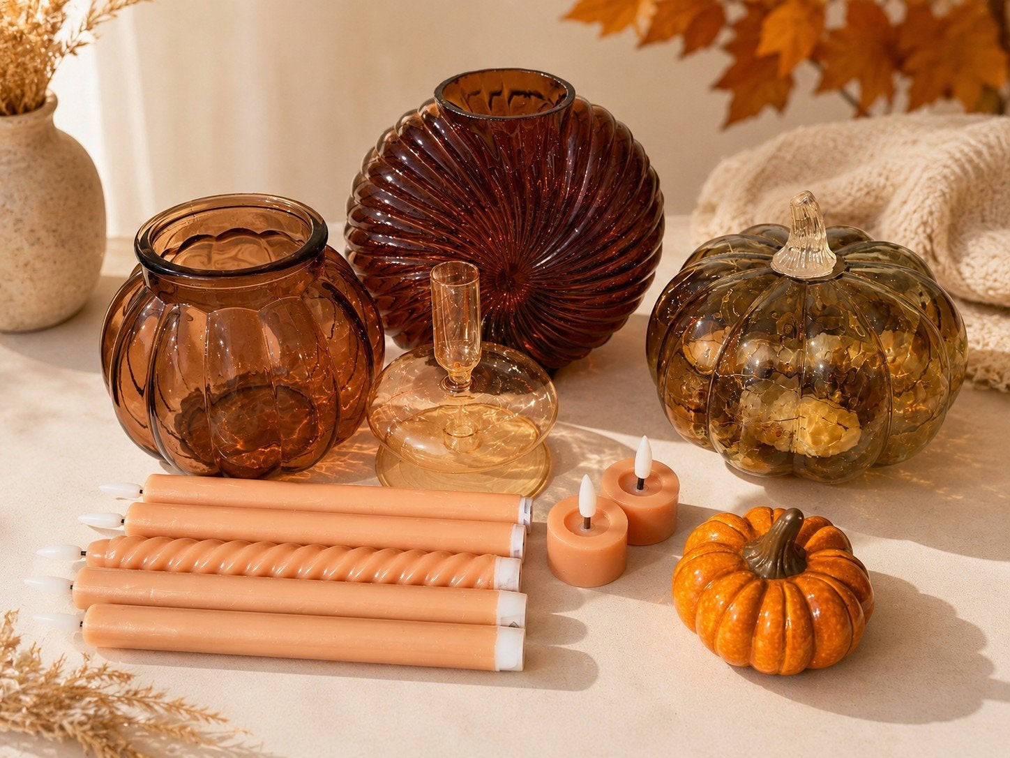 Herfstdecoratie set | pompoen, schelpen lamp en LED kaars, Ophalen, Rond, Glas