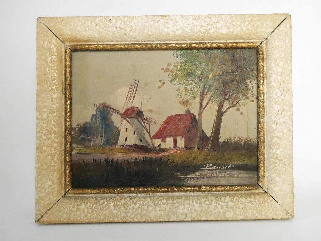 Nostalgisch olieverf schilderij Hollands landschap met molen, Doek, Oud hollands, Ophalen of Verzenden, Gesigneerd