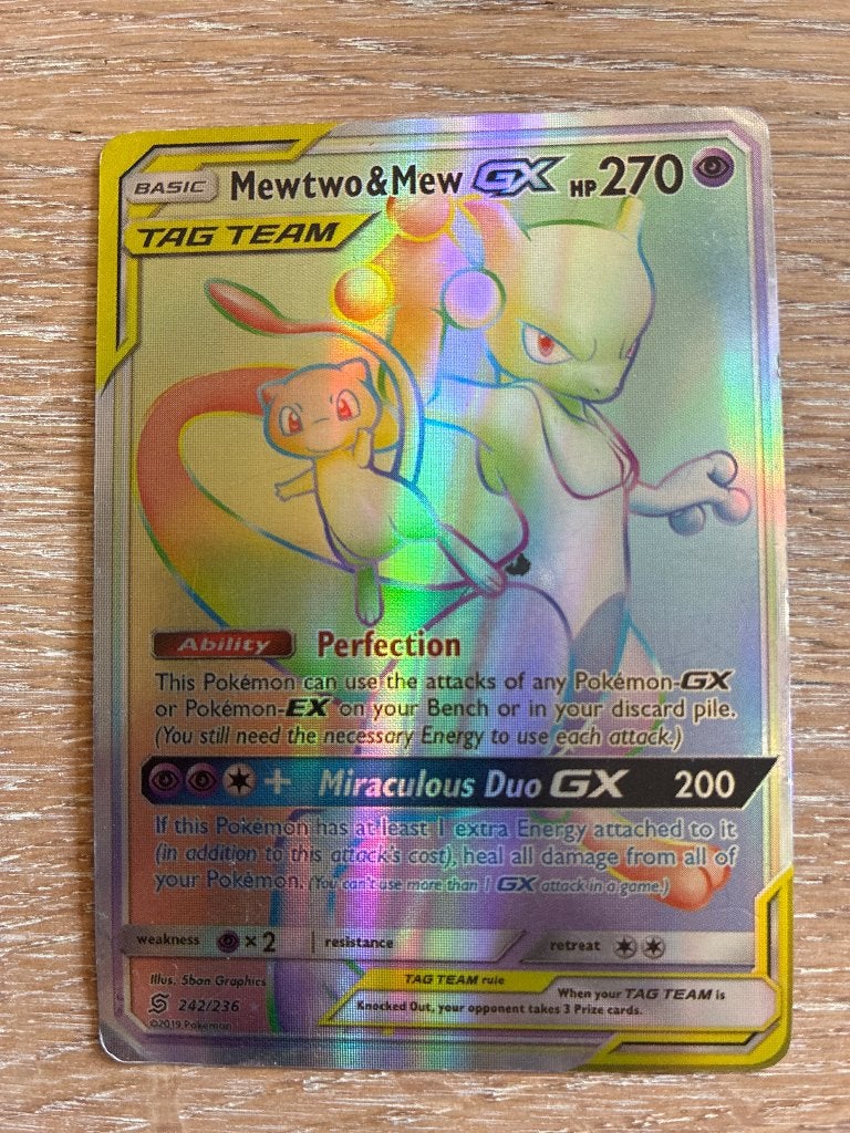 Mewtwo & Mew GX 242/236 Rainbow Rare Pokémon Tag Team 2019, Verzenden, Gebruikt, Losse kaart