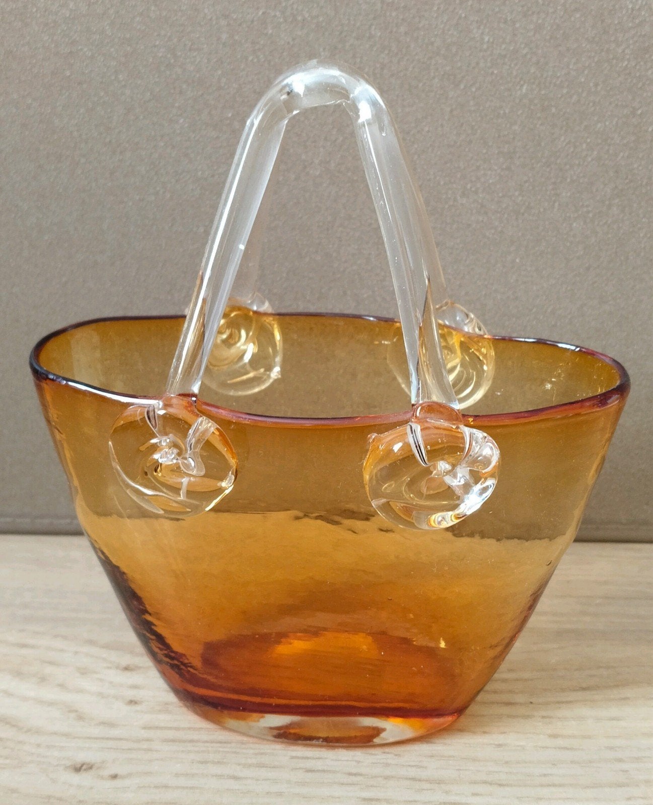 Vintage amber/bruin glazen tasje-Decoratief glaswerk-Vaas, Geschikt voor droogbloemen, Bruin, Ophalen of Verzenden, Glas