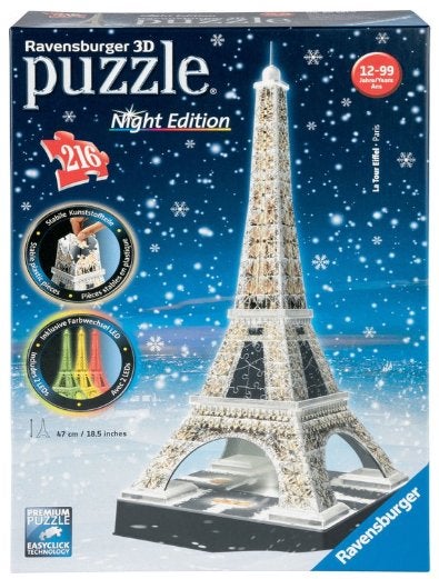 Ravensburger Eiffeltoren Night Edition- 3D puzzel - 216 st, Ophalen of Verzenden, Minder dan 500 stukjes, Zo goed als nieuw, Rubik's of 3D-puzzel