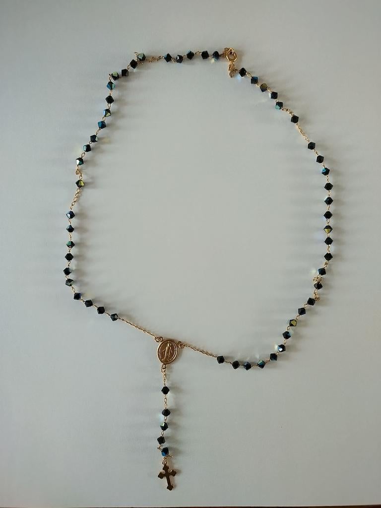 Rozenkrans ketting met kruis en Maria medaille, Zwart, Nieuw, Ophalen of Verzenden, Overige materialen