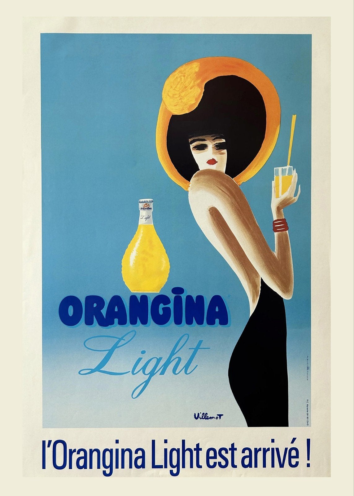 Vintage Orangina Light reclameposter - Villamot, Verzamelen, Rechthoekig Staand, Ophalen of Verzenden, Zo goed als nieuw, A1 t/m A3