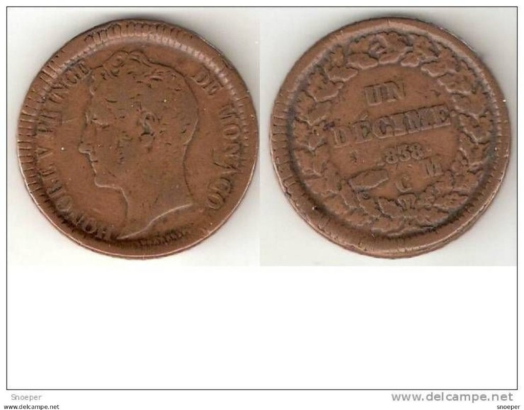 monaco 1 decimes 1838 MC large head km 97.1, Verzenden, Overige landen, Losse munt