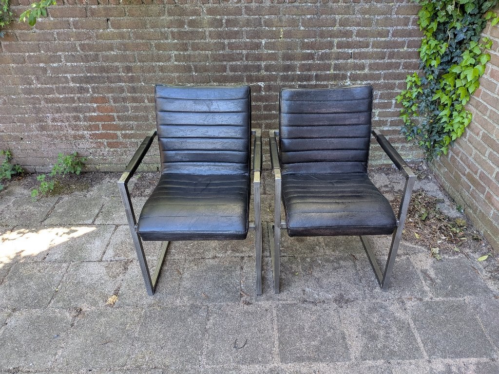 2x leren robuste industriële stoelen, Huis en Inrichting, Stoelen, Ophalen, Gebruikt, Twee, Zwart