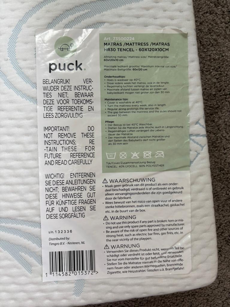 Puck ledikantmatras NIEUW, Ophalen, Nieuw, Overige typen